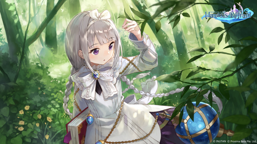 1girl bangs blunt_bangs book bow braid eyebrows_visible_through_hair forest grey_hair hairband kobuta long_hair manasis_refrain nature outdoors purple_eyes solo twin_braids twintails very_long_hair