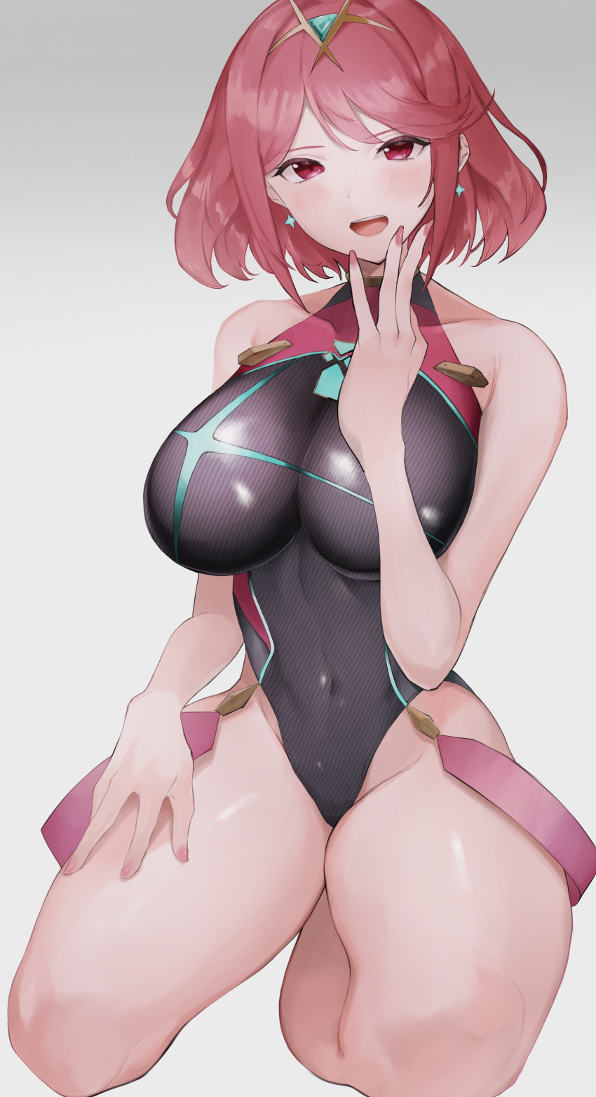 1girl absurdres bangs bare_shoulders black_swimsuit blush breasts chest_jewel circlet cleavage commentary_request competition_swimsuit covered_navel dangle_earrings earrings eyebrows_visible_through_hair grey_background hand_on_own_face highres jewelry kataku_musou kneeling large_breasts long_hair looking_at_viewer nail_polish navel one-piece_swimsuit open_mouth pyra_(pro_swimmer)_(xenoblade) pyra_(xenoblade) red_eyes red_hair red_nails red_swimsuit short_hair skin_tight solo swept_bangs swimsuit teeth thick_thighs thighs tiara two-tone_swimsuit xenoblade_chronicles_(series) xenoblade_chronicles_2