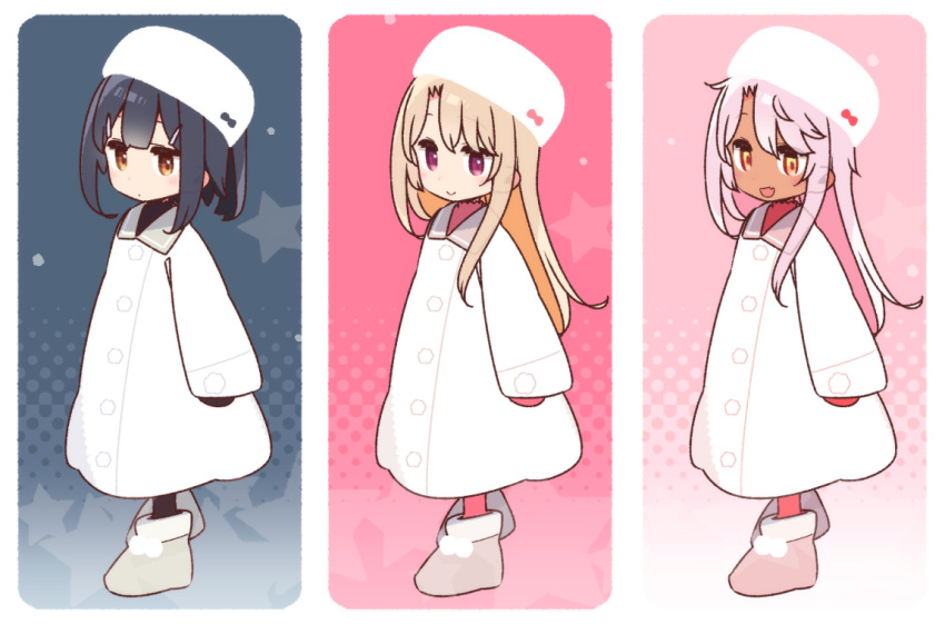 3girls black_hair blonde_hair blush chloe_von_einzbern dark_skin fate/grand_order fate/kaleid_liner_prisma_illya fate_(series) illyasviel_von_einzbern long_hair miyu_edelfelt multiple_girls purple_eyes purple_hair short_hair simple_background star_(symbol) winter_clothes yellow_eyes yoru_nai