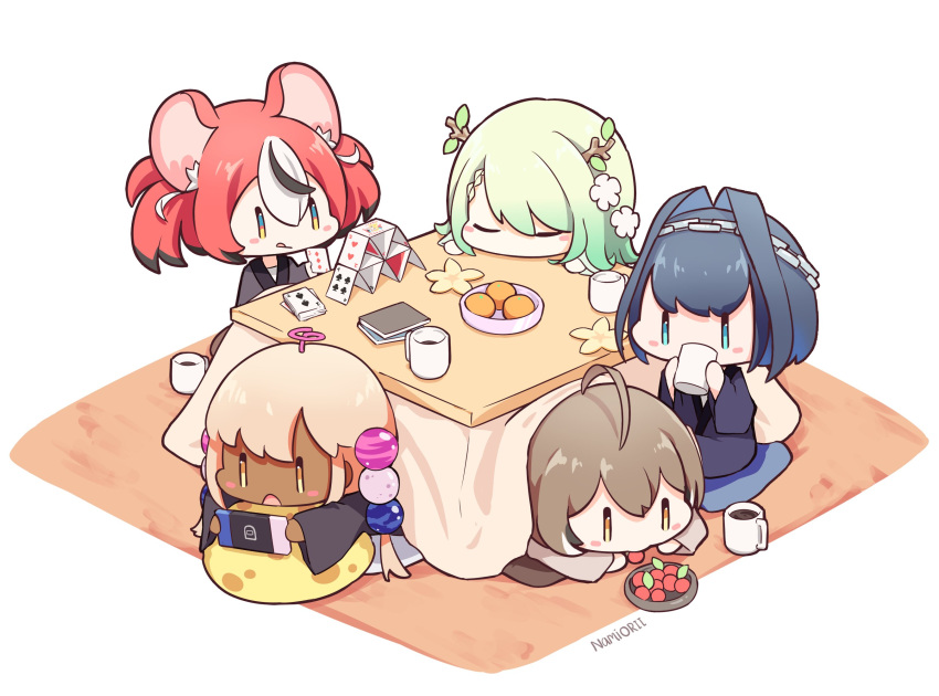 5girls ahoge among_us animal_ears artist_name berry black_hair blonde_hair blue_eyes blue_hair brown_hair card ceres_fauna chain chibi closed_eyes crewmate_(among_us) cup drinking food fruit green_hair hair_between_eyes hakos_baelz highres holding holding_cup holocouncil hololive hololive_english house_of_cards kotatsu lying mouse_ears mouse_girl multicolored_hair multiple_girls namii_(namialus_m) nanashi_mumei on_stomach open_mouth orange_(fruit) ouro_kronii pillow red_hair simple_background sitting streaked_hair switch table tongue tongue_out tsukumo_sana twintails virtual_youtuber watermark white_background white_hair
