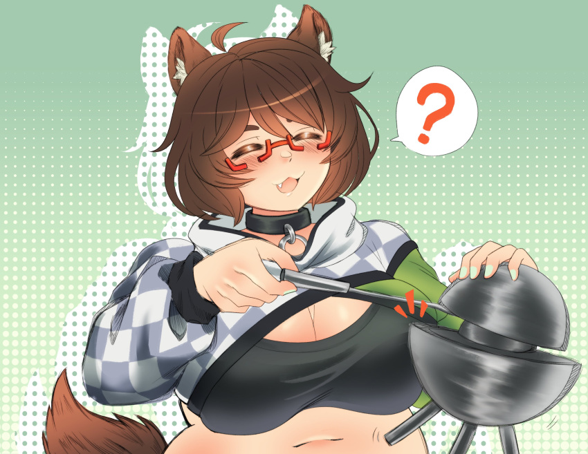 1girl :3 ? abstract_background absurdres ahoge animal_ear_fluff animal_ears breasts brown_hair collar commentary demon_core dog_ears dog_girl dog_tail english_commentary glasses green_nails highres holding holding_screwdriver indie_virtual_youtuber kaibuzetta long_sleeves midriff mint_castella navel open_mouth plump red-framed_eyewear screwdriver second-party_source smile solo tail virtual_youtuber