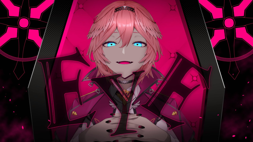 1girl bangs black_choker blue_eyes choker commentary_request eye_(vocaloid) fingernails head_wings heart heart-shaped_pupils highres hololive looking_at_viewer nail_polish official_art open_mouth own_hands_clasped own_hands_together pink_hair saki_masaki second-party_source smile solo song_name symbol-shaped_pupils takane_lui virtual_youtuber wing_collar