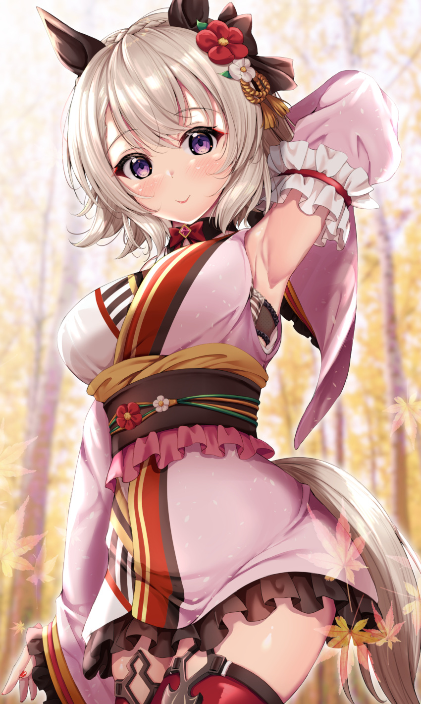 1girl animal_ears arm_up armpits blush commentary_request curren_chan_(umamusume) detached_sleeves fukuda_shuushi grey_hair hair_ornament highres horse_ears horse_girl horse_tail japanese_clothes kimono late_autumn_the_music_echoes_(umamusume) purple_eyes short_hair smile solo tail umamusume