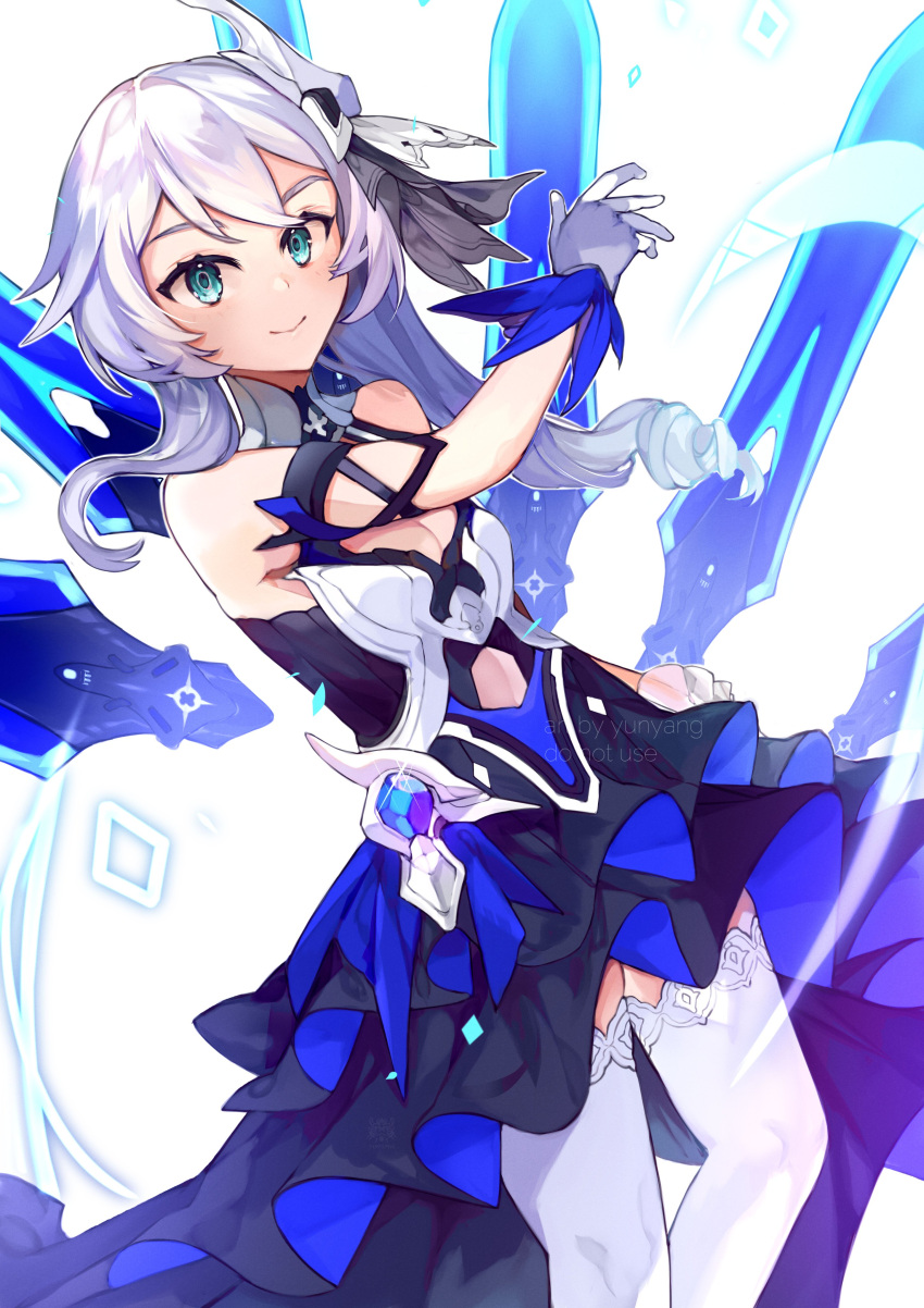 1girl absurdres bare_shoulders blue_eyes breasts cleavage closed_mouth dress floating floating_object floating_sword floating_weapon gloves hair_ornament highres honkai_(series) honkai_impact_3rd long_hair looking_at_viewer simple_background sleeveless sleeveless_dress small_breasts smile solo sword theresa_apocalypse theresa_apocalypse_(twilight_paladin) thighhighs weapon white_background white_gloves white_hair white_thighhighs yun-yang