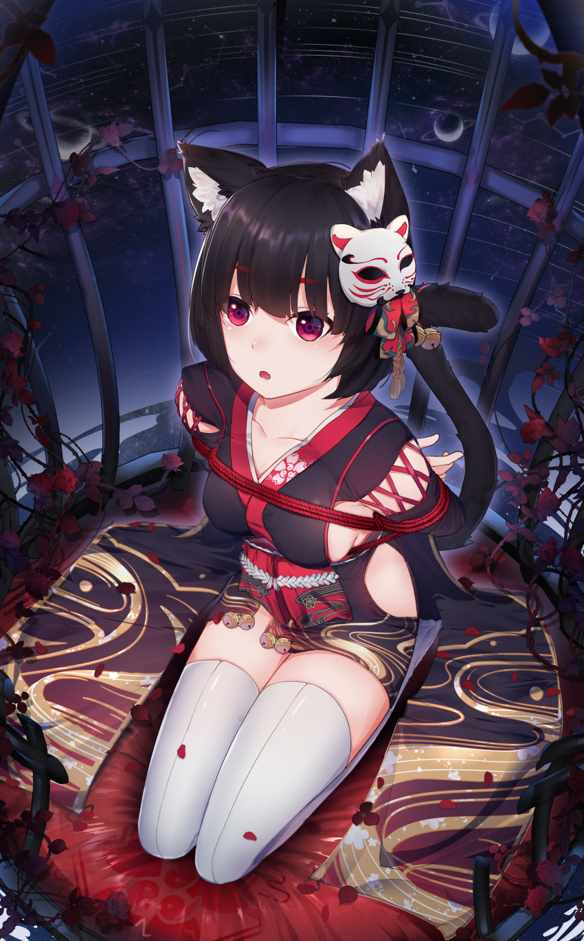 1girl 7t absurdres animal_ear_fluff animal_ears arms_behind_back azur_lane bdsm black_hair bondage bound bound_arms breasts cage cat_ears cat_girl cat_tail chinese_commentary collarbone commentary_request cushion dutch_angle from_above full_body highres in_cage japanese_clothes kimono kneeling large_breasts looking_at_viewer looking_up mask mask_on_head obi obijime open_mouth petals plant red_eyes red_rope rope sash seiza shibari short_hair short_kimono sideboob sitting sleeveless sleeveless_kimono solo tail thick_eyebrows thighhighs thorns vines white_legwear yamashiro_(azur_lane)