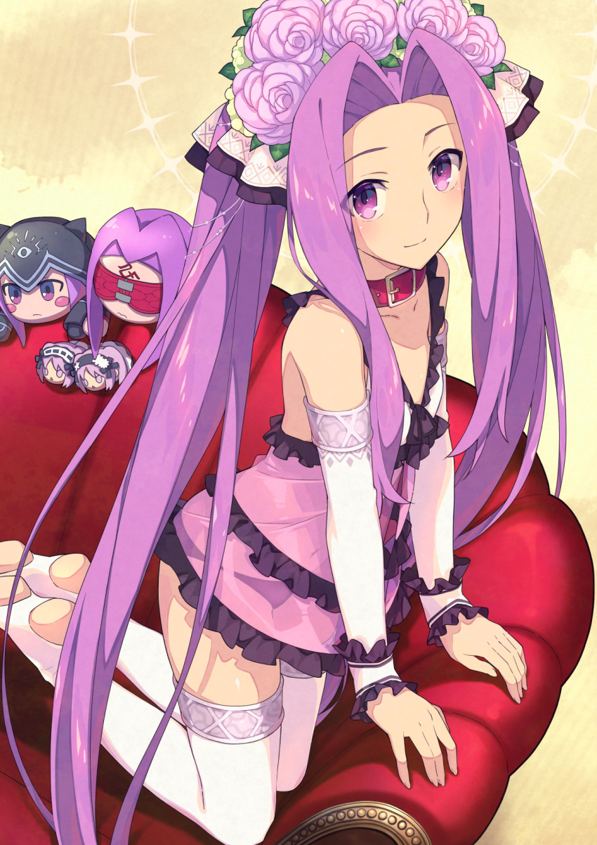 1girl babydoll bangs bare_shoulders breasts collar collarbone commentary_request commission detached_sleeves euryale_(fate) fate/grand_order fate_(series) feet flower forehead hair_flower hair_ornament hair_ribbon highres long_hair looking_at_viewer medusa_(fate) medusa_(lancer)_(fate) medusa_(rider)_(fate) parted_bangs purple_eyes purple_hair ribbon saipaco sidelocks skeb_commission small_breasts smile stheno_(fate) stuffed_toy thighhighs thighs toeless_legwear twintails very_long_hair white_legwear