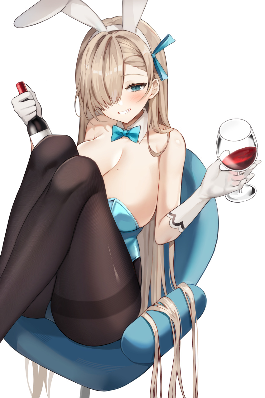 1girl absurdres alcohol animal_ears asuna_(blue_archive) bangs black_legwear blue_archive blue_bow blue_bowtie blue_leotard blush bottle bow bowtie breasts chair churi_(oxxchurixxo) cleavage commentary cup detached_collar elbow_gloves fake_animal_ears feet_out_of_frame gloves grey_eyes grin hair_flowing_over hair_over_one_eye hairband highres knees_up large_breasts leotard light_brown_hair long_hair looking_at_viewer mole mole_on_breast one_eye_covered pantyhose parted_lips rabbit_ears simple_background sitting smile solo thighs white_background white_gloves white_hairband wine wine_bottle