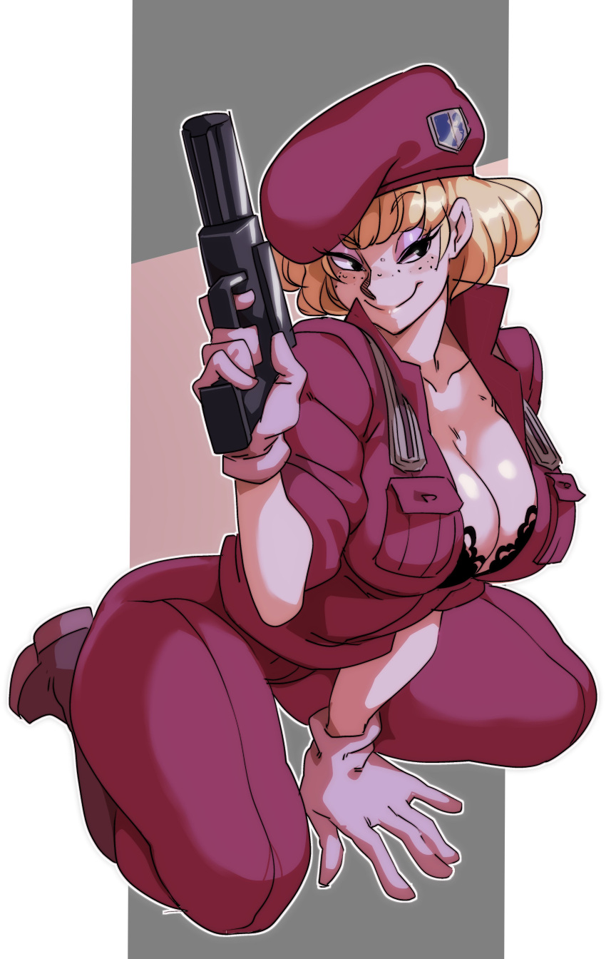 1girl absurdres beret black_eyes blonde_hair boots bra breasts cleavage collarbone eyebrows_visible_through_hair freckles full_body gloves gun handgun hat highres irene_sanders large_breasts looking_at_viewer nisego pistol raised_eyebrow short_hair smile solo suna_no_bara underwear weapon