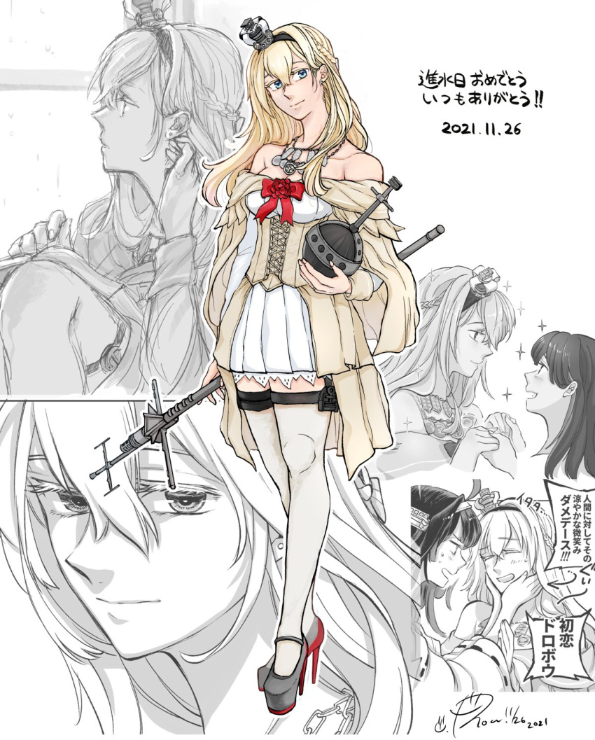 black_hairband blonde_hair blue_eyes braid commentary_request corset crown dress flower french_braid garter_straps globus_cruciger hairband happy_birthday high_heels highres holding kantai_collection kongou_(kancolle) long_hair long_sleeves looking_at_viewer mini_crown monochrome_background off-shoulder_dress off_shoulder partially_colored red_flower red_ribbon red_rose ribbon rose scepter solo_focus standing thighhighs translation_request warspite_(kancolle) white_dress white_legwear yamada_rei_(rou)