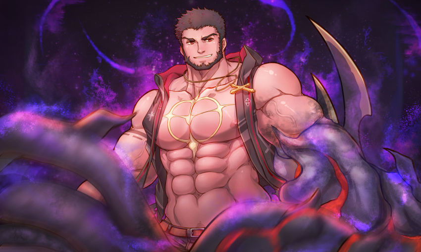 1boy abs avenger_(dungeon_and_fighter) bara bare_pectorals bare_shoulders beard brown_hair chest_tattoo cross cross_necklace dungeon_and_fighter facial_hair highres hood hooded_jacket jacket jewelry kulolin large_pectorals male_focus mature_male monster_boy monsterification muscular muscular_male navel necklace nipples octopus_boy open_clothes open_jacket pectorals priest priest_(dungeon_and_fighter) red_eyes reward_available short_hair sleeveless sleeveless_jacket solo stomach tattoo tentacle_hands tentacles veins