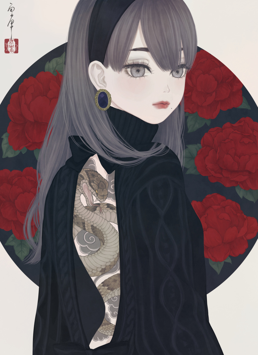1girl absurdres back_tattoo backless_dress backless_outfit bangs blunt_bangs bow dress earrings flower from_behind grey_eyes grey_hair hairband highres jewelry long_hair looking_back mole mole_under_mouth original peony_(flower) snake sweater sweater_dress tattoo turtleneck ushiyama_ame