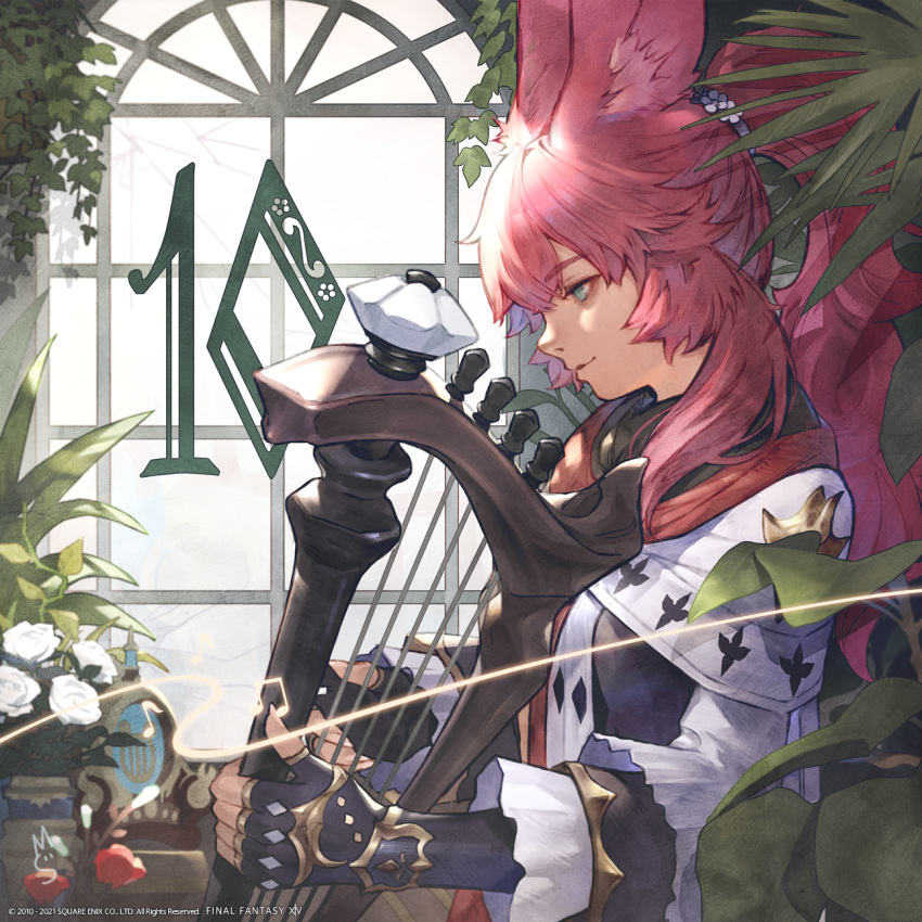 1girl animal_ears avatar_(ffxiv) bangs bard_(final_fantasy) closed_mouth coat copyright day eyebrows_visible_through_hair final_fantasy final_fantasy_xiv fingerless_gloves from_side gloves green_eyes harp high_ponytail highres holding holding_instrument indoors instrument long_hair long_sleeves looking_at_object music musical_note official_art plant playing_instrument profile rabbit_ears red_eyes smile solo upper_body viera window