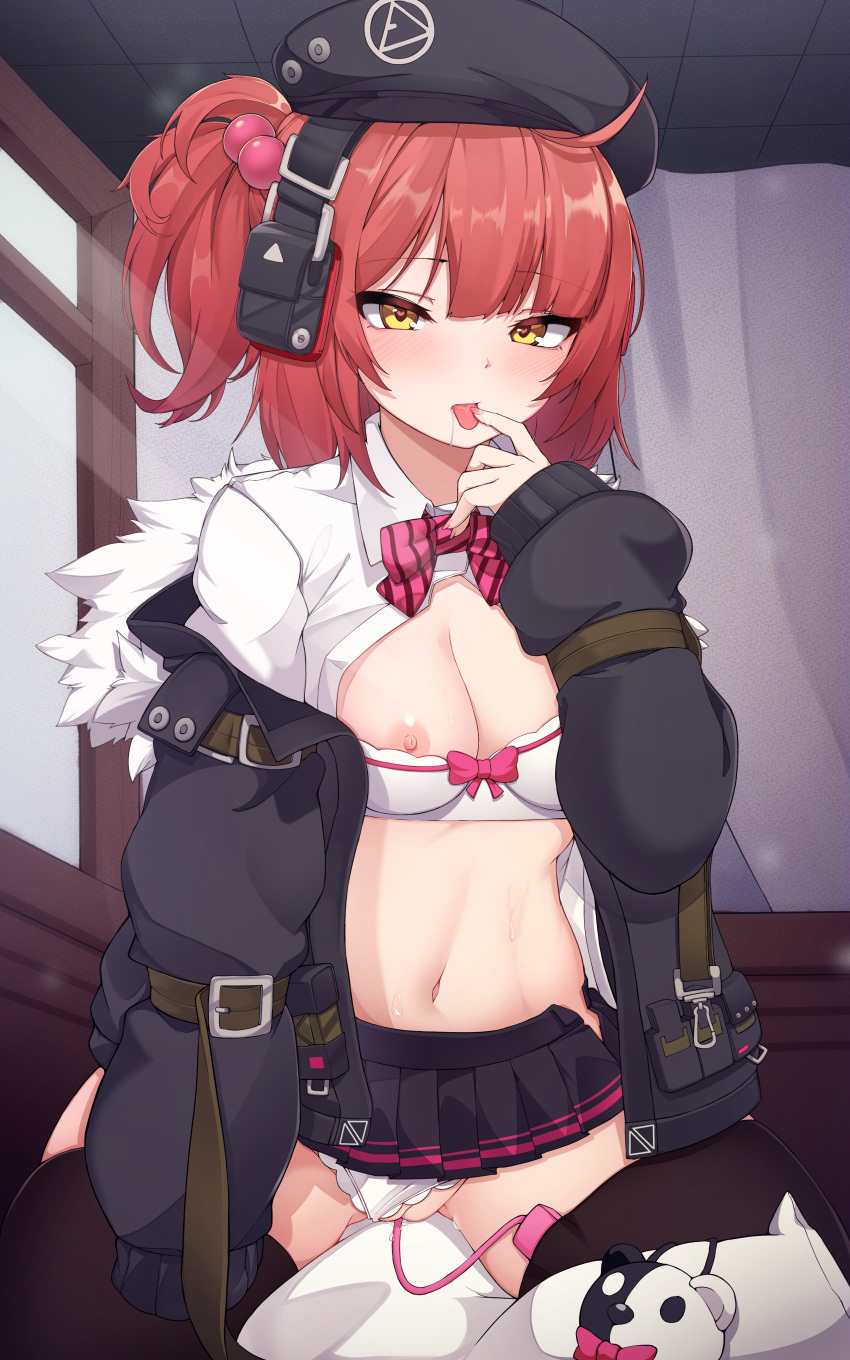 1girl 5danny1206 absurdres beret black_headwear black_jacket black_legwear black_skirt bow bowtie bra bra_pull clothes_pull clothing_aside commission girls'_frontline hat headphones highres jacket long_sleeves microskirt mp7_(girls'_frontline) navel nipples one_side_up open_clothes open_jacket open_shirt panties panties_aside pink_bow pink_bowtie pleated_skirt pussy_juice red_hair remote_control_vibrator sex_toy shirt skirt solo striped striped_bow striped_bowtie sweat thighhighs underwear vibrator vibrator_cord vibrator_in_thighhighs white_bra white_panties white_shirt yellow_eyes