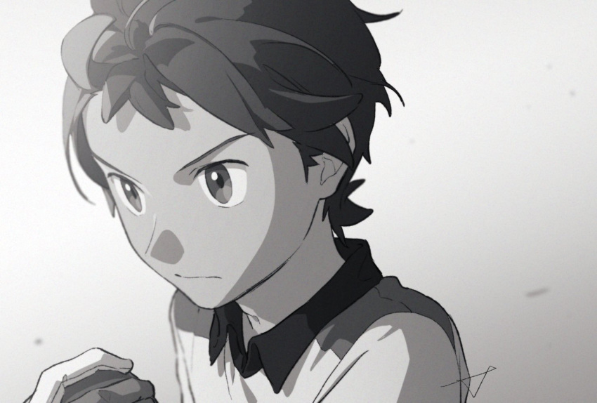 1boy bangs closed_mouth collared_shirt gloves greyscale gym_challenge_uniform hand_up holding holding_poke_ball male_focus monochrome poke_ball pokemon pokemon_(game) pokemon_swsh sankaku serious shirt short_hair solo upper_body victor_(pokemon)