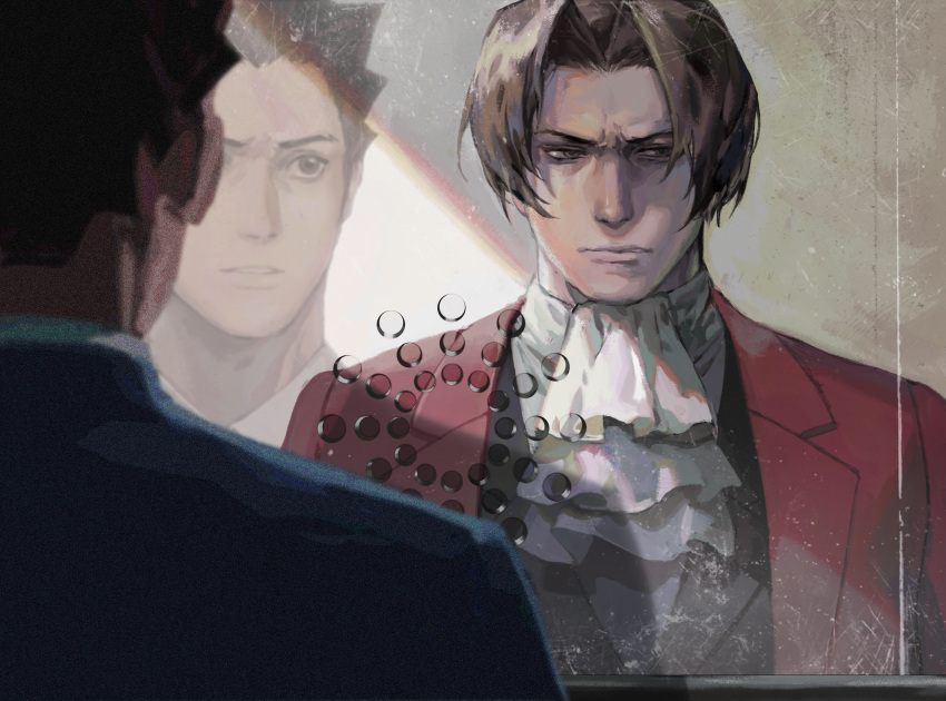 2boys absurdres ace_attorney ascot bangs black_hair blue_jacket brown_hair chinese_commentary ck_(26982497) commentary_request highres indoors jacket male_focus miles_edgeworth multiple_boys parted_bangs phoenix_wright phoenix_wright:_ace_attorney red_jacket reflection shirt short_hair spiked_hair spoilers upper_body white_ascot white_shirt