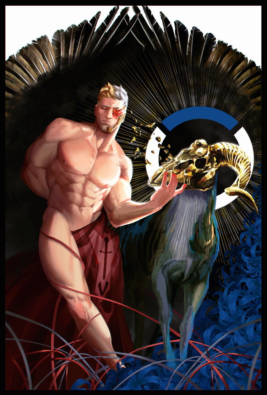 1boy abs animal_head arm_behind_back artist_name bara blonde_hair blue_flower closed_eyes closed_mouth flower highres large_pectorals loincloth loincloth_aside male_focus multicolored_hair muscular muscular_male navel nipples nude oricalcon overwatch pectorals scouter short_hair soldier:_76_(overwatch) solo statue thick_thighs thighs two-tone_hair white_hair