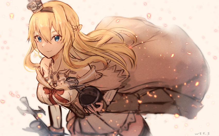 1girl blonde_hair blue_eyes blurry braid commentary_request corset crown depth_of_field dress flower french_braid globus_cruciger jewelry kantai_collection long_hair long_sleeves looking_at_viewer mini_crown necklace off-shoulder_dress off_shoulder red_flower red_ribbon red_rose ribbon rose scepter solo warspite_(kancolle) white_dress wss_(nicoseiga19993411)