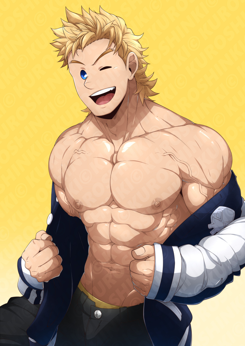 &gt;_o 1boy ;d abs absurdres bara black_jacket black_pants blonde_hair blue_eyes boku_no_hero_academia commission highres jacket kuroshinki large_pectorals looking_at_viewer male_focus male_underwear male_underwear_peek muscular muscular_male navel nipples off_shoulder one_eye_closed open_clothes open_jacket open_mouth pants pectorals short_hair smile solo togata_mirio underwear yellow_background yellow_male_underwear