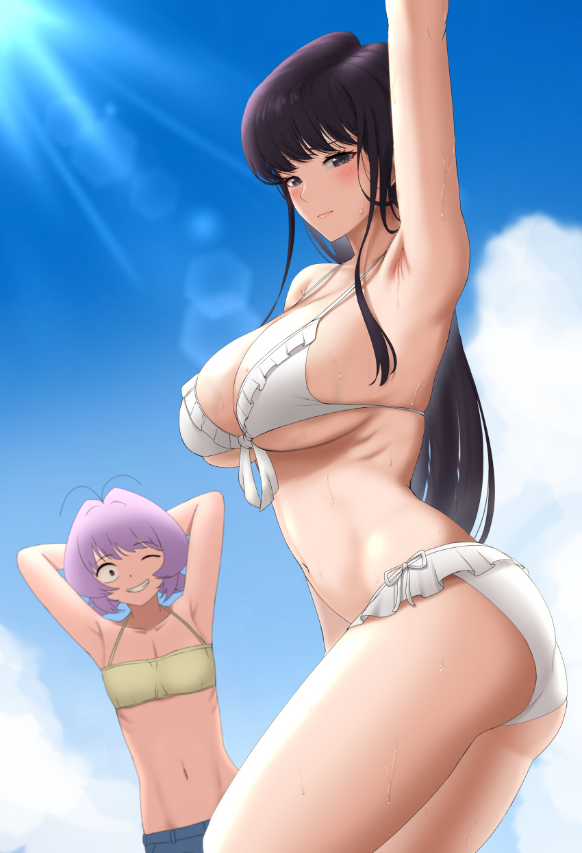 1girl 1nilla' 1other ;d absurdres arm_up armpits arms_behind_head arms_up ass bangs bare_shoulders bikini bikini_top black_eyes black_hair blue_sky breasts cleavage closed_mouth collarbone commentary day eyebrows_visible_through_hair frilled_bikini frills from_side grin highres komi-san_wa_komyushou_desu komi_shouko large_breasts long_hair looking_at_viewer looking_to_the_side navel one_eye_closed osana_najimi_(komi-san_wa_komyushou_desu) outdoors parted_lips purple_eyes purple_hair sanpaku short_hair sidelocks skindentation sky smile stomach straight_hair sweat swimsuit teeth underboob white_bikini yellow_bikini