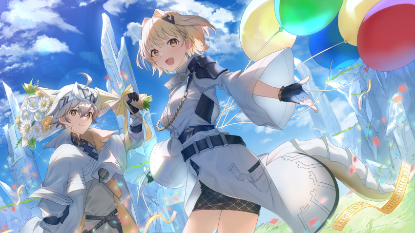 1boy 1girl ahoge akebono_kt alchemy_stars balloon belt black_gloves bouquet capelet closed_mouth cloud coat commentary_request confetti day fingerless_gloves flower gloves grass grey_hair hair_intakes hand_up headband highres holding holding_bouquet lens_flare looking_at_viewer navigator navigator_(alchemy_stars) official_art open_mouth outdoors outstretched_arm pencil_skirt rock short_hair skirt smile spire tail thanksgiving vice_(alchemy_stars) white_coat yellow_eyes