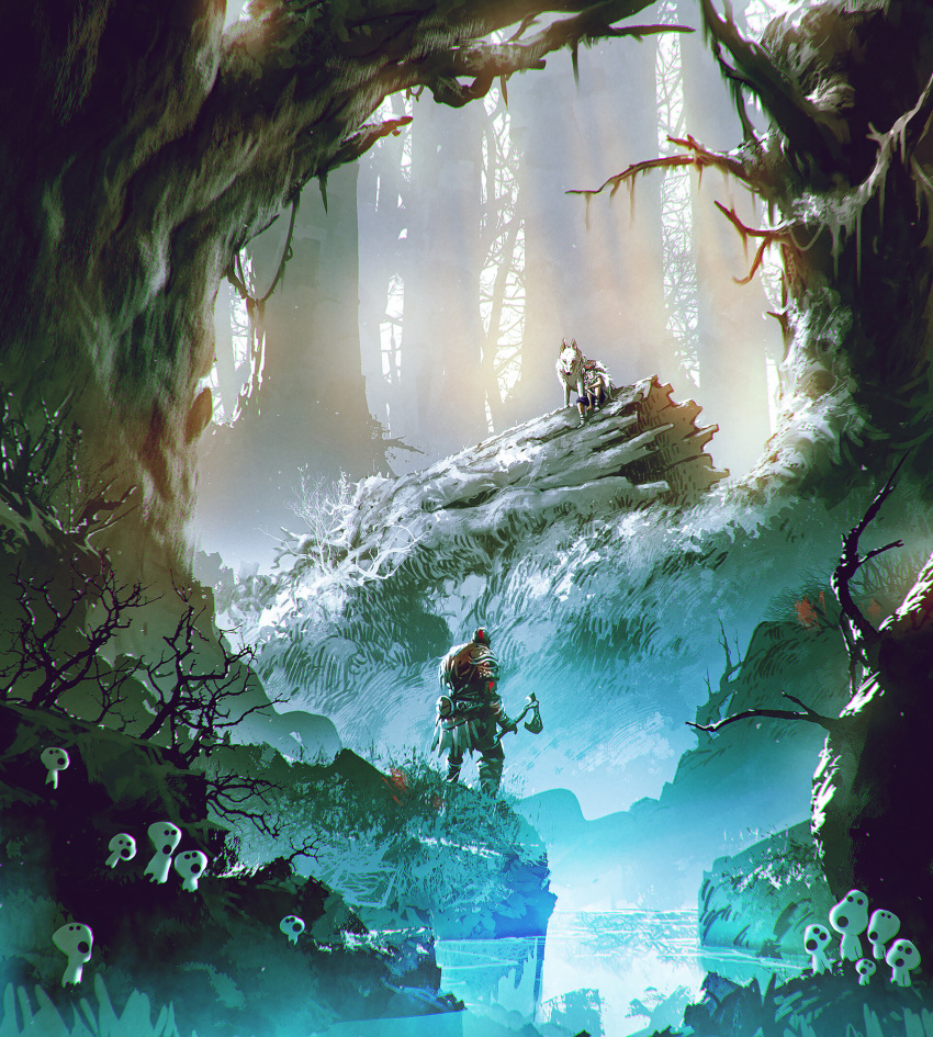1boy :o absurdres animal axe crossover forest from_behind fur_trim god_of_war grass highres holding holding_axe hollow_eyes hollow_mouth kalmahul knees_up kodama kratos long_sleeves mask mask_on_head mononoke_hime moro_no_ichizoku nature outdoors pants san_(mononoke_hime) sitting standing tree tree_stump water wolf