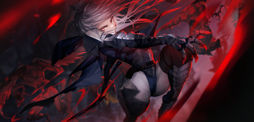 1girl absurdres armor bisected blood blood_on_face blue_leotard commission english_commentary floating_hair greaves highres holding holding_sword holding_weapon hood hood_up indie_virtual_youtuber jin_grey_paladin leotard long_hair lunari_donna open_hand parted_lips red_eyes silver_hair smile solo_focus sword virtual_youtuber weapon