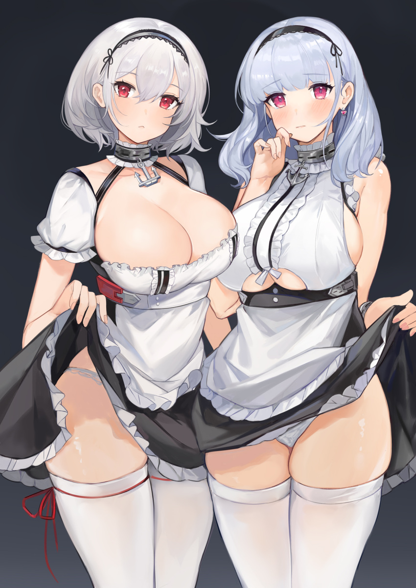 2girls apron azur_lane bangs black_background black_dress black_hairband blush breasts cleavage closed_mouth clothes_lift commentary_request cowboy_shot crossed_bangs dido_(azur_lane) dress dress_lift eyebrows_visible_through_hair hairband highres large_breasts looking_at_viewer medium_hair multiple_girls panties purple_eyes red_eyes short_hair sideboob silver_hair simple_background sirius_(azur_lane) thighhighs thighs underwear white_apron white_legwear white_panties yayako_(804907150)