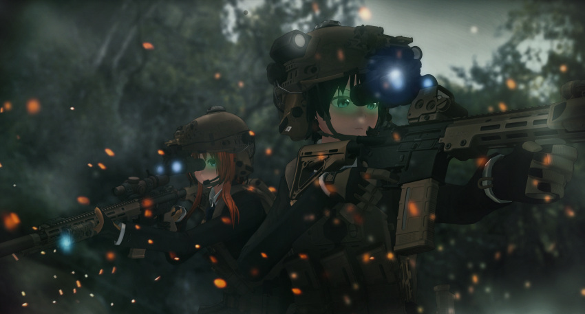 3d absurdres aiming assault_rifle black_hair blurry blush commentary custom_maid_3d_2 dark depth_of_field film_grain foregrip frown geissele_urg-i gloves gun headset helmet highres light_particles load_bearing_vest long_hair m4_carbine mcad_love military necktie night_vision_device red_hair rifle short_hair soldier tactical_clothes tree weapon
