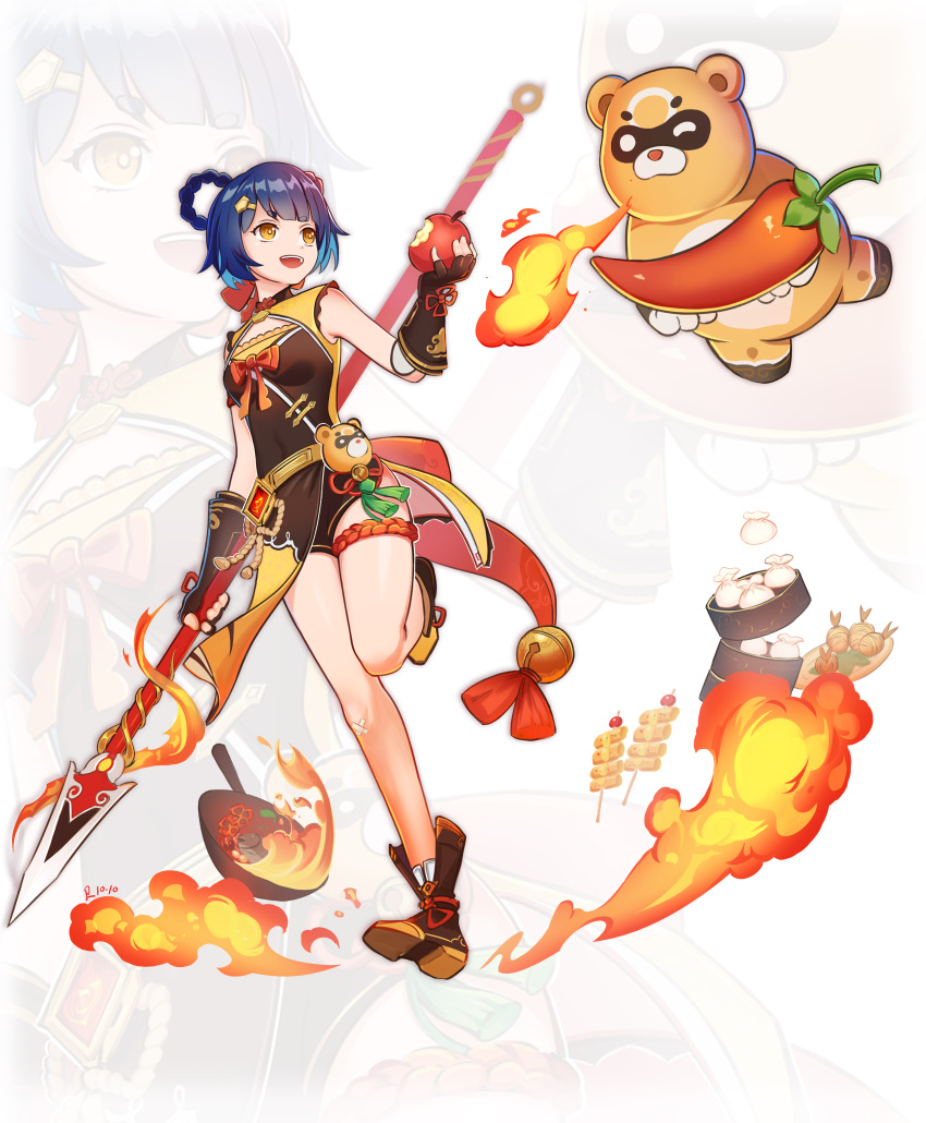 1girl :d absurdres apple bangs baozi bare_shoulders blue_hair breathing_fire brown_footwear brown_gloves brown_shorts chili_pepper chinese_clothes fingerless_gloves fire food fruit full_body genshin_impact gloves guoba_(genshin_impact) highres holding holding_food holding_fruit holding_polearm holding_weapon open_mouth polearm pot shorts simple_background sleeveless smile solo spear teeth tempura tingyu_(490101957) weapon white_background xiangling_(genshin_impact) yellow_eyes