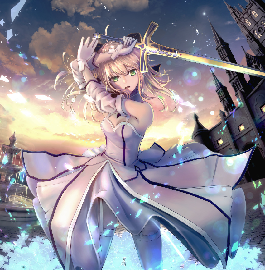 1girl absurdres aomaru_(shta-chu-jisuiai) artoria_pendragon_(fate) black_bow blonde_hair bow breasts building caliburn_(fate) detached_sleeves dress fate/grand_order fate_(series) garter_straps gloves green_eyes hair_bow highres holding holding_sword holding_weapon md5_mismatch outdoors ponytail saber_lily sidelocks small_breasts solo sword thighhighs weapon white_dress white_gloves white_legwear