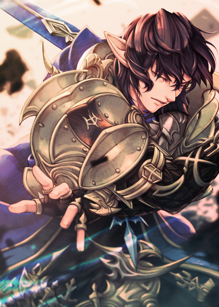 1boy absurdres armor aymeric_de_borel bangs black_hair blue_eyes elezen elf final_fantasy final_fantasy_xiv highres looking_at_viewer male_focus mihira_(tainosugatayaki) pointy_ears short_hair shoulder_armor solo sword weapon