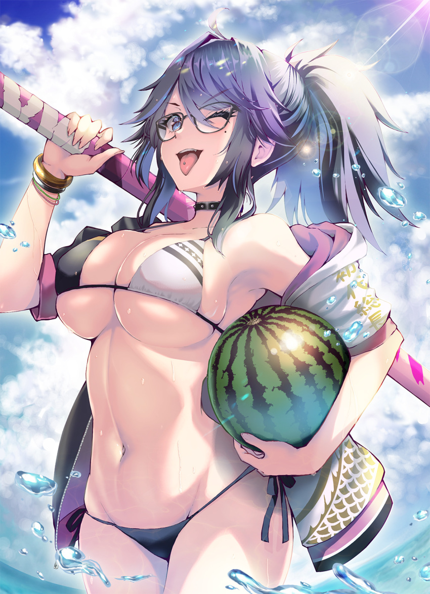 1girl bikini black_hair blue_eyes bokken bracelet breasts choker cleavage cloud cloudy_sky commentary_request cowboy_shot day eyebrows_visible_through_hair fang food fruit gold_bracelet highres holding holding_food holding_fruit holding_weapon indie_virtual_youtuber jacket jewelry kson kubota_masaki large_breasts lens_flare mole mole_under_eye navel off_shoulder one_eye_closed open_mouth piercing ponytail sideboob sidelocks skindentation sky solo souchou splashing stomach studded_choker sunlight swimsuit sword teeth tongue tongue_out tongue_piercing v-shaped_eyebrows virtual_youtuber water water_drop watermelon weapon wet wet_clothes wet_swimsuit wooden_sword