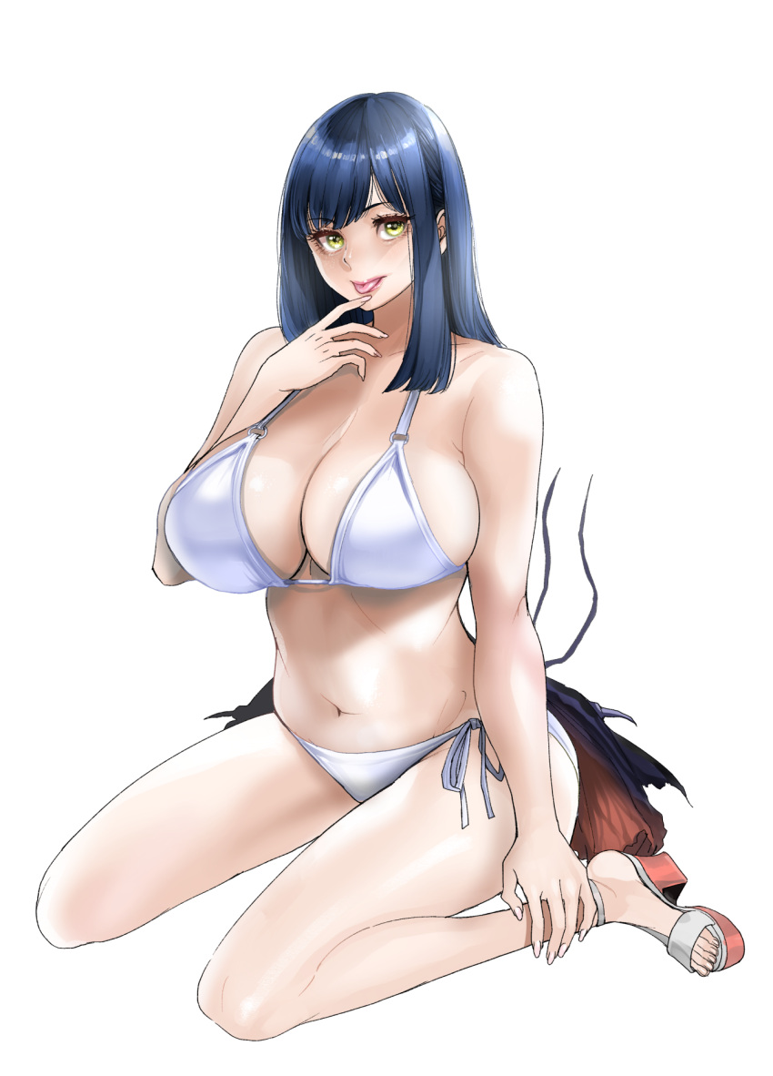1girl bangs bare_arms bare_shoulders bikini breasts cleavage commentary_request dark_blue_hair eyebrows_visible_through_hair full_body green_eyes hand_up highres large_breasts lips long_hair navel ooshima_ryou original pink_lips platform_footwear sandals side-tie_bikini simple_background sitting smile solo swept_bangs swimsuit tongue tongue_out white_background white_bikini
