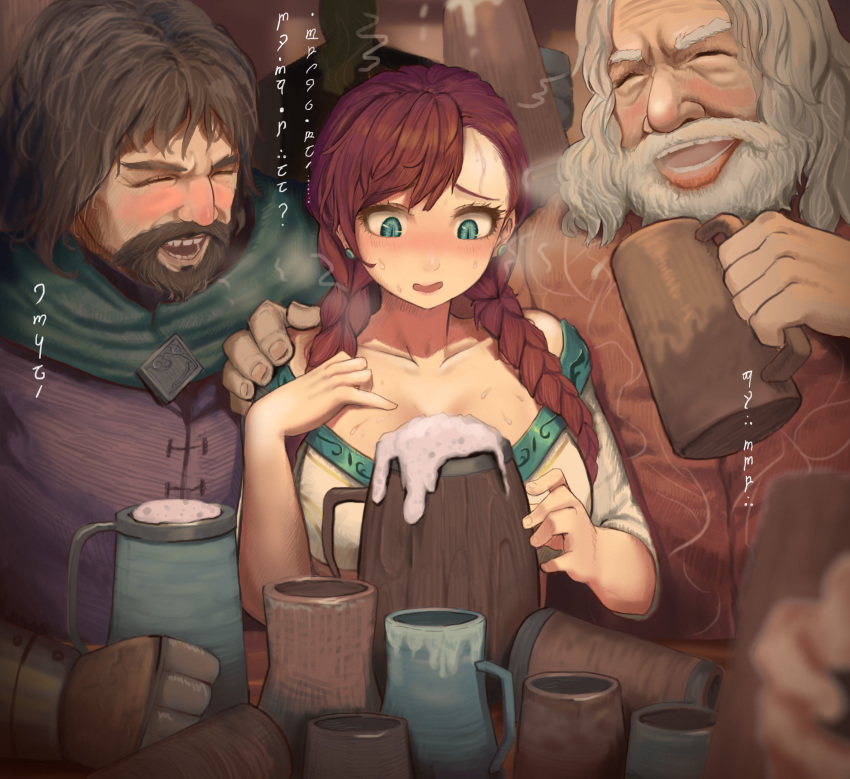 1girl 2boys absurdres beard beer_mug blush braid breasts breath brown_hair clasp cloak collarbone commentary crop_top cup drunk durin_(liangzi_tai_hongcha) earrings empty eyelashes facial_hair foam gauntlets green_eyes hand_on_another's_shoulder hand_on_own_chest highres holding holding_cup jewelry large_breasts laughing liangzi_tai_hongcha long_hair looking_at_object mug multiple_boys muscular nervous open_mouth original print_legwear red_hair sandals shirt slit_pupils stud_earrings sweat table tavern tengwar_text translated tunic twin_braids viking white_hair white_shirt