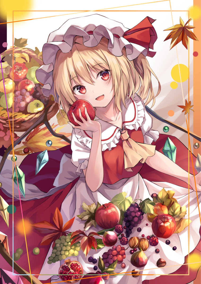 1girl :d apricot_(fruit) apron ascot autumn_leaves bangs basket berry blonde_hair blush border bow chestnut collarbone commentary_request crystal eyebrows_visible_through_hair eyelashes fig flandre_scarlet flat_chest food frilled_apron frilled_shirt_collar frilled_sleeves frills fruit fruit_basket grapes hat hat_bow hat_ribbon highres holding holding_food holding_fruit kure~pu looking_at_viewer mob_cap open_mouth peach pomegranate puffy_short_sleeves puffy_sleeves red_bow red_eyes red_ribbon red_skirt red_vest ribbon short_sleeves skirt smile solo touhou upper_body vest waist_apron white_apron white_headwear wings yellow_ascot