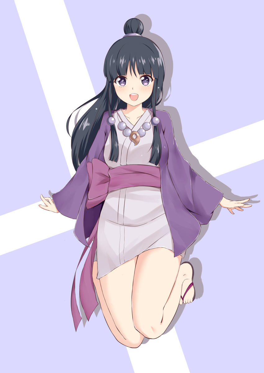 1girl absurdres ace_attorney bantian_yindang black_hair hair_ornament half_updo highres japanese_clothes jewelry kimono long_hair looking_at_viewer magatama maya_fey necklace open_mouth purple_eyes smile solo
