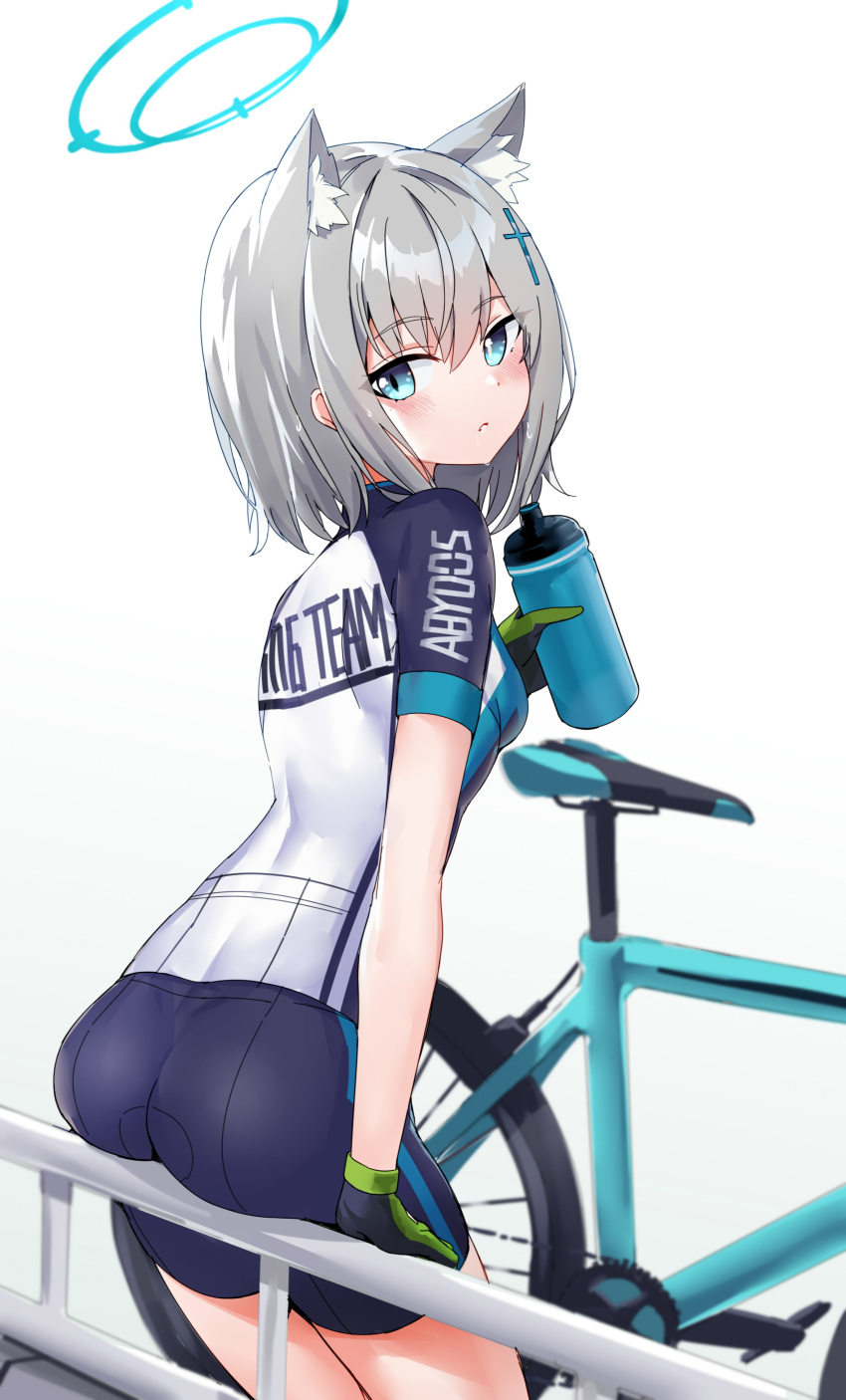 1girl absurdres animal_ear_fluff animal_ears aqua_eyes ass bicycle black_gloves blue_archive blush bottle cross_hair_ornament cycling_uniform eyebrows_visible_through_hair gloves grey_hair ground_vehicle hair_between_eyes hair_ornament halo highres holding kure_(kure_ng) looking_at_viewer mismatched_pupils shiroko_(blue_archive) short_hair short_sleeves shorts sitting skin_tight solo sweat symbol-only_commentary water_bottle