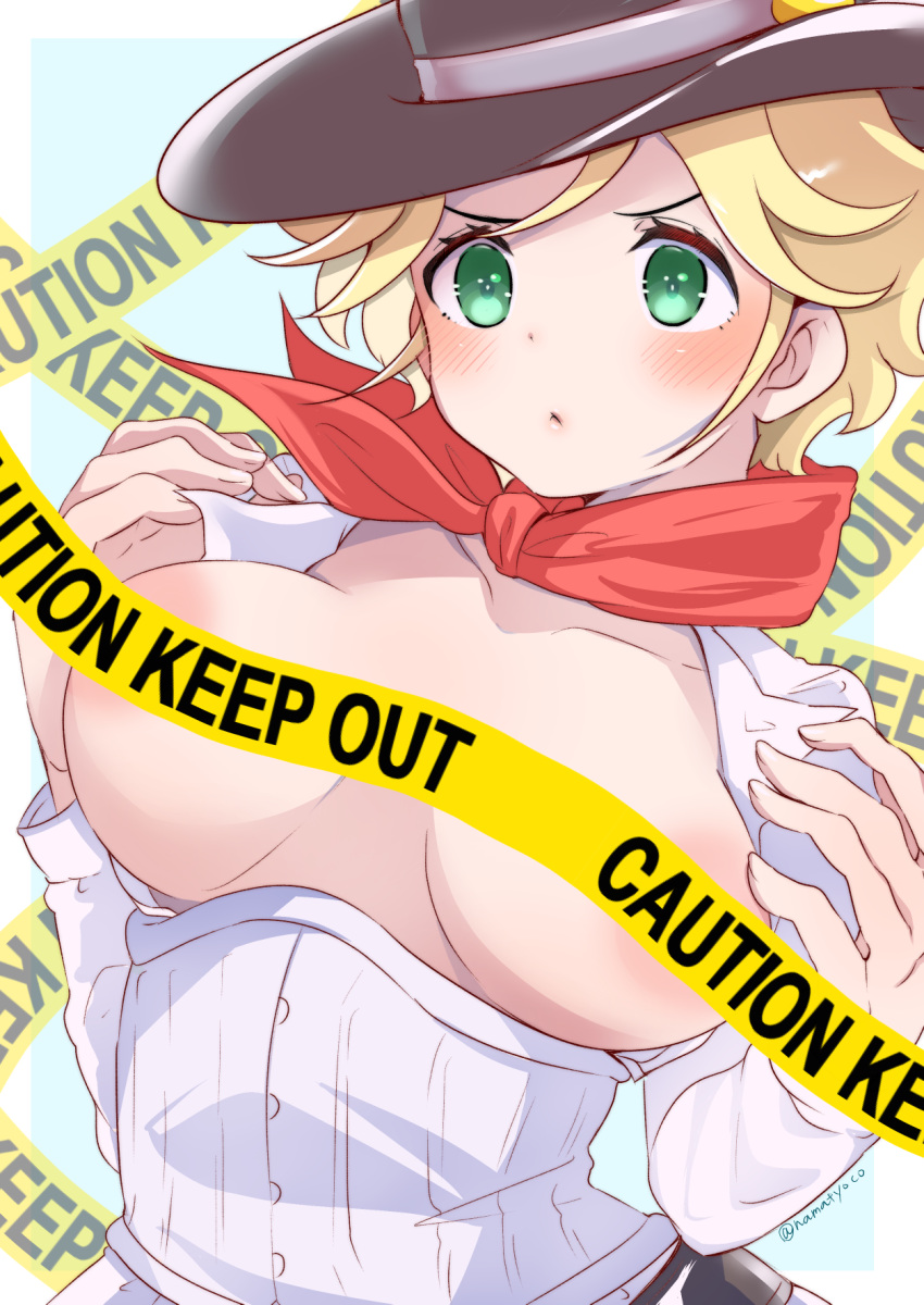 1girl areola_slip areolae black_hair blonde_hair caution_tape censored closed_mouth collared_shirt commentary cowboy_hat frown girls_und_panzer green_eyes hat highres jane_(girls_und_panzer) long_hair looking_at_viewer namatyoco no_bra open_clothes open_shirt opened_by_self red_bandana self_exposure shirt short_hair solo twitter_username white_shirt