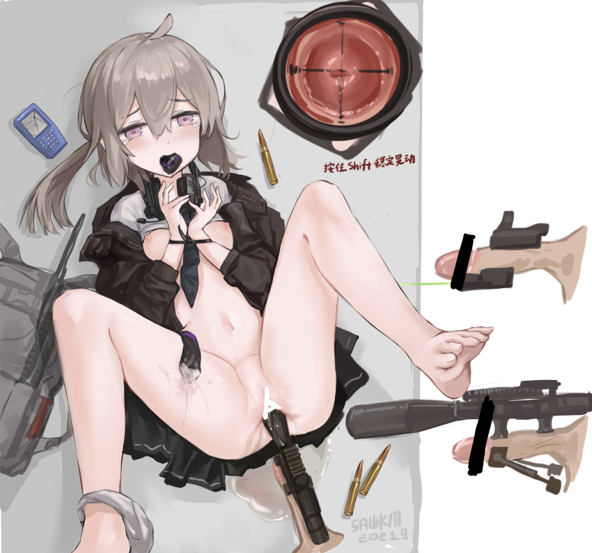 1girl absurdres acog after_sex bag black_necktie bottomless bound bound_wrists breasts brown_jacket bullet cervix commentary condom cross-section cum dated eyebrows_visible_through_hair girls'_frontline grey_hair headphones highres jacket light_purple_eyes low_ponytail lying m200_(girls'_frontline) miniskirt multiple_penises necktie nipples object_insertion on_back panties panties_around_one_leg penis pussy pussy_juice pussy_juice_puddle sawkm scope shirt signature skirt small_breasts sniper_scope solo tearing_up tears underwear used_condom vaginal vaginal_object_insertion white_shirt zoom_layer