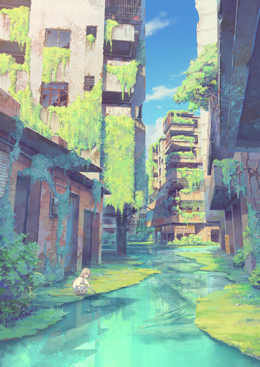 1girl balcony bangs blue_sky broken_window building bush chen_bin city cloud commentary_request day highres holding holding_stick long_hair nature original ruins scenery shirt short_sleeves sign sky solo squatting stick stream water white_shirt window