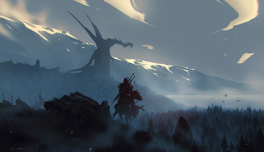 1boy absurdres animal bird dragon facing_away fantasy fog forest from_behind geralt_of_rivia grass highres horns horse kalmahul mountainous_horizon nature ocean ponytail riding rock scenery signature the_witcher_(series) the_witcher_3 tree water weapon weapon_on_back white_hair wings