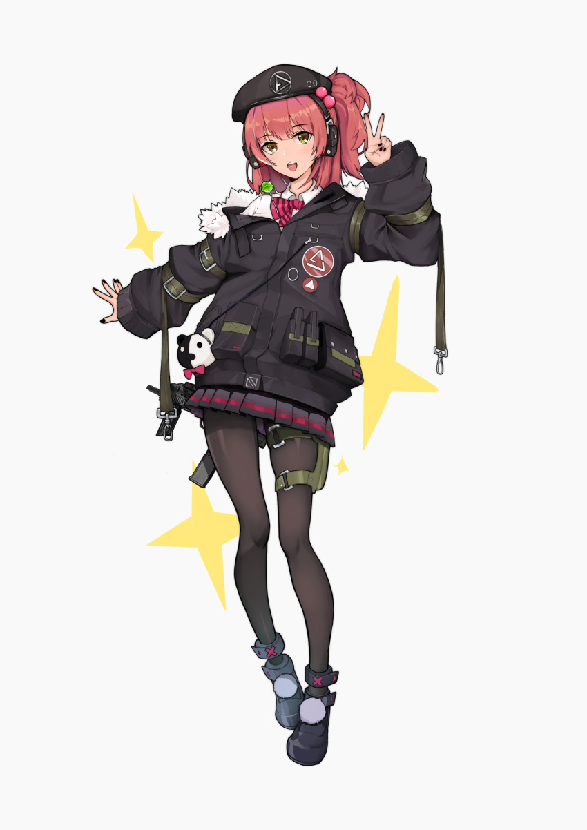 1girl absurdres ammunition_pouch beret black_nails candy collared_shirt food full_body girls'_frontline gun h&amp;k_mp7 hat headset highres jacket lollipop looking_at_viewer loose_clothes medium_hair mp7_(girls'_frontline) off_shoulder open_mouth pantyhose pleated_skirt pouch red_hair ribbon shirt shoes side_ponytail skindentation skirt smile sparkle_background submachine_gun thigh_strap tied_hair user_uyfx3538 v weapon yellow_eyes