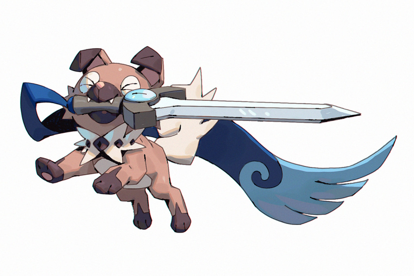 &gt;_&lt; blue_ribbon bluekomadori closed_eyes commentary english_commentary fangs honedge mouth_hold no_humans pokemon pokemon_(creature) ribbon rockruff sword weapon