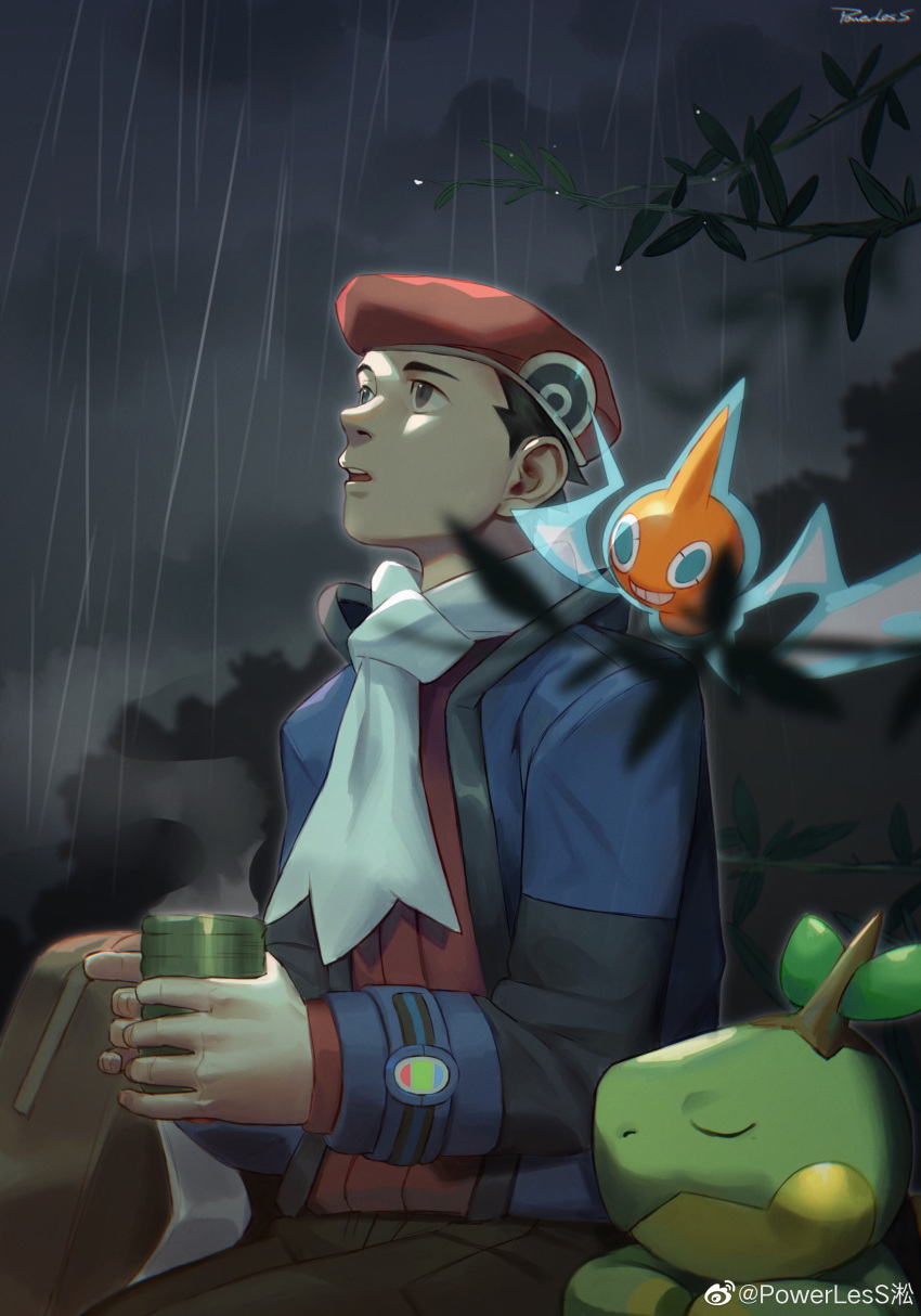 1boy absurdres black_hair blue_jacket chinese_commentary cloud commentary_request hat highres holding jacket long_sleeves looking_up lucas_(pokemon) male_focus open_clothes open_jacket open_mouth outdoors pokemon pokemon_(game) pokemon_dppt pokemon_platinum powerlesssong rain red_headwear red_shirt rotom rotom_(normal) scarf shirt short_hair sky teeth tongue turtwig upper_teeth white_scarf