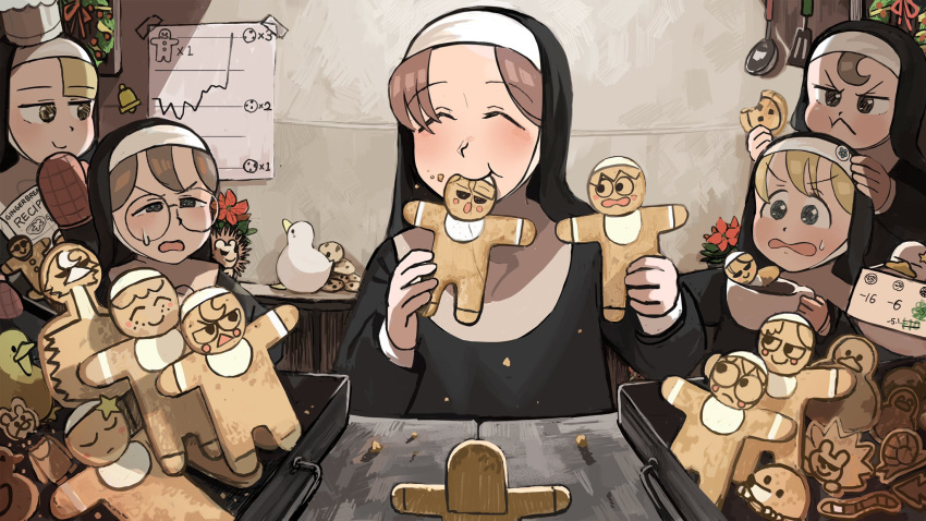 5girls :&lt; ^_^ animal_on_shoulder bell bird blonde_hair brown_hair catholic character_cookie cheek_bulge chef_hat chicken chocolate_chip_cookie christmas_wreath closed_eyes commentary cookie cup cupboard diva_(hyxpk) duck duckling earthworm eating english_commentary flower food gingerbread_cookie gingerbread_man glasses glasses_nun_(diva) gluttonous_nun_(diva) graph habit half-bang_nun_(diva) hand_on_another's_head hat hedgehog highres holding holding_cookie holding_cup holding_food hook-bang_nun_(diva) kitchen ladle little_nuns_(diva) mole_(animal) multiple_girls nun open_mouth ostrich oven_mitts poinsettia protagonist_nun_(diva) recipe_(object) red_hair scared sign sign_around_neck smile snail spatula squinting star_(symbol) sticker sweatdrop teacup tray