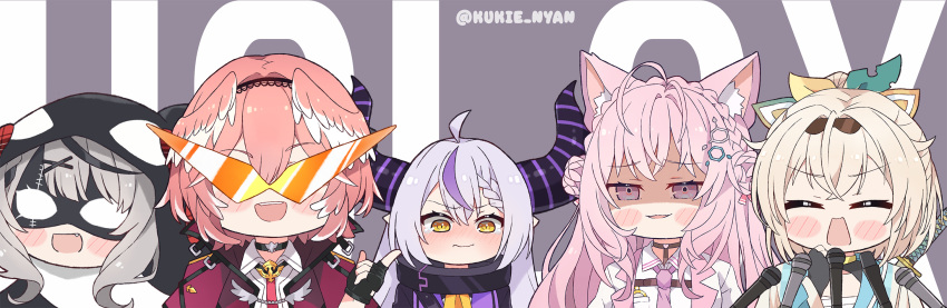 animal_ears blush_stickers chibi commentary copyright_name demon_horns english_commentary everyone eye_mask hakui_koyori head_wings highres hololive holox horns kazama_iroha kukie-nyan la+_darknesss sakamata_chloe takane_lui twitter_username virtual_youtuber