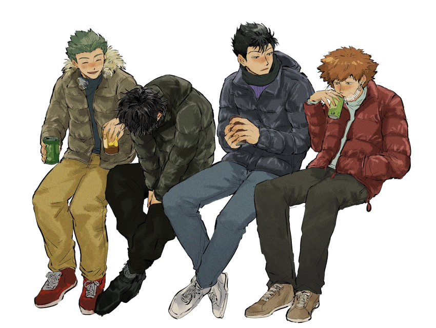 4boys ^_^ black_footwear black_hair black_jacket black_pants blue_pants blush brown_footwear brown_hair brown_jacket can closed_eyes cold crossed_ankles drinking ear_blush facing_down full_body fur-trimmed_jacket fur_trim giving green_hair hand_in_pocket highres hokari_atsushi holding holding_can hood hood_down hooded_jacket hunched_over invisible_chair jacket kageura_masato laughing lineup long_sleeves looking_at_another looking_to_the_side male_focus mask mask_pull mizukami_satoshi_(world_trigger) mouth_mask multiple_boys murakami_kou nose_blush open_clothes open_jacket own_hands_together pants red_footwear scarf shoes simple_background sitting sneakers socks soda_can spiked_hair torotakudon turtleneck v_arms warming_hands white_background white_footwear winter_clothes world_trigger yellow_pants
