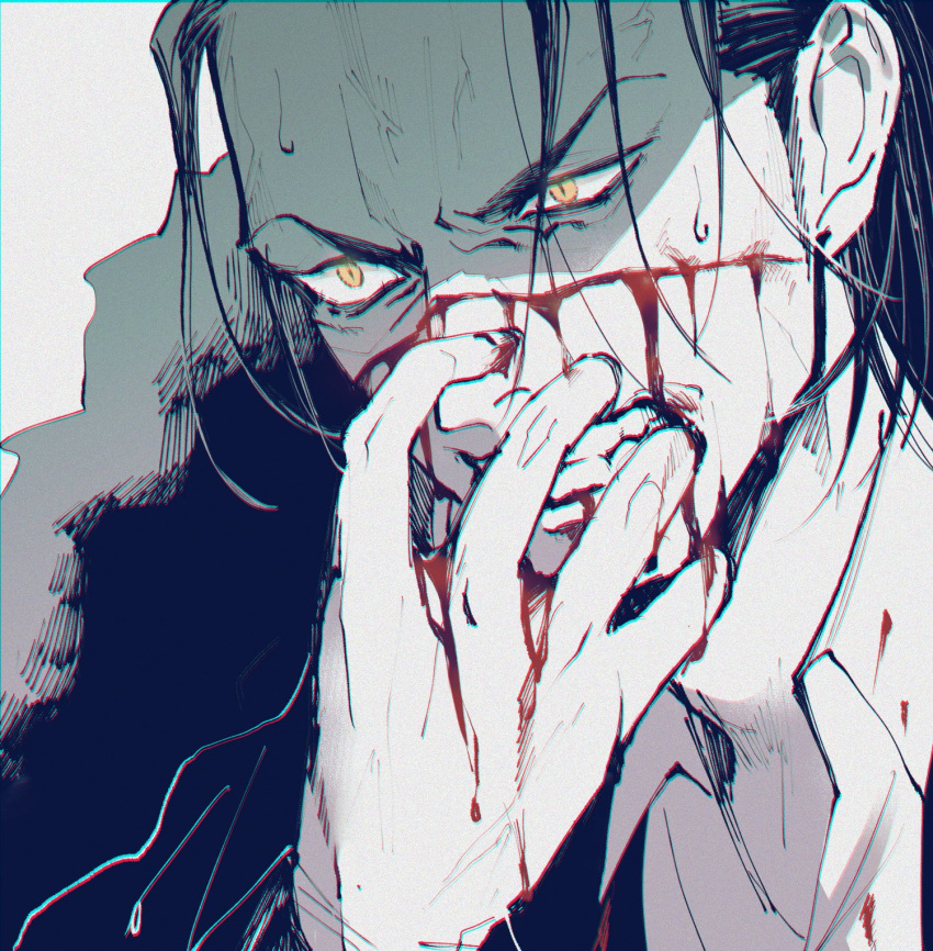 1boy black_hair blood blood_on_face clenched_teeth hand_up highres injury male_focus one_piece partially_colored scar scar_on_face sir_crocodile solo teeth ukari yellow_eyes