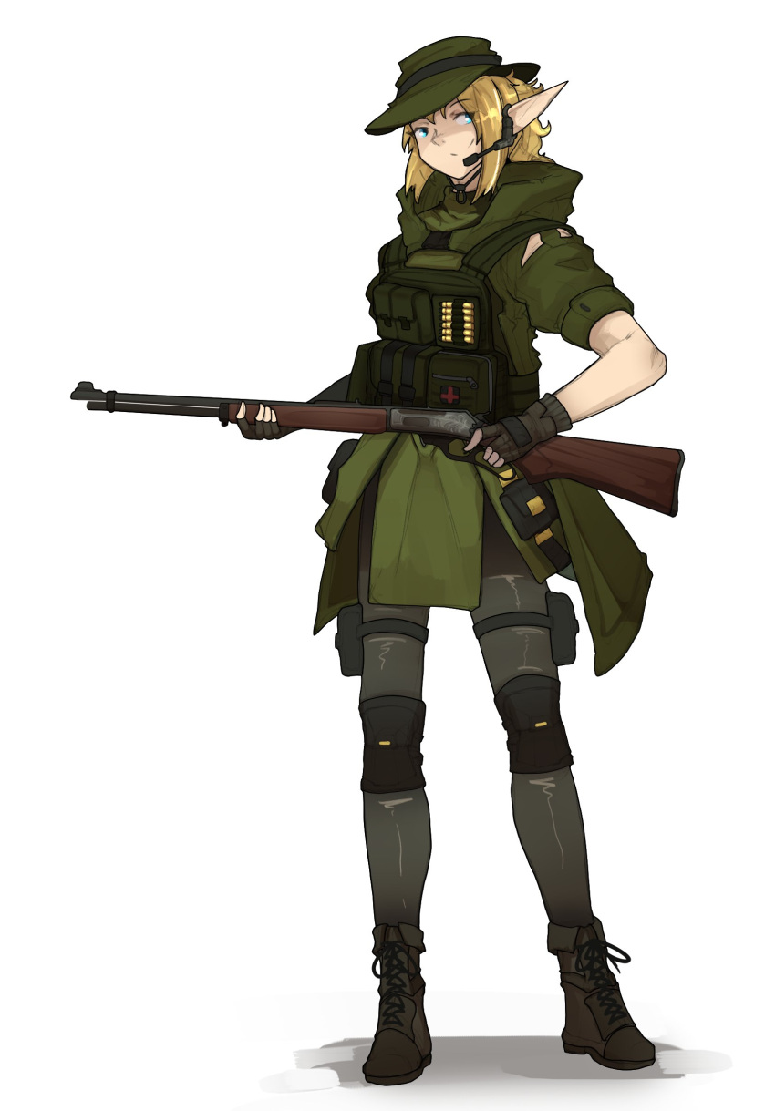1girl absurdres bangs blonde_hair brown_footwear brown_gloves brown_legwear clothing_request commission elf english_commentary fingerless_gloves full_body gloves green_headwear green_jacket grey_background gun headset highres holding holding_gun holding_weapon jacket original pantyhose pointy_ears rifle shoes short_hair short_sleeves shuuko_(s_h_uuko) simple_background smile standing weapon