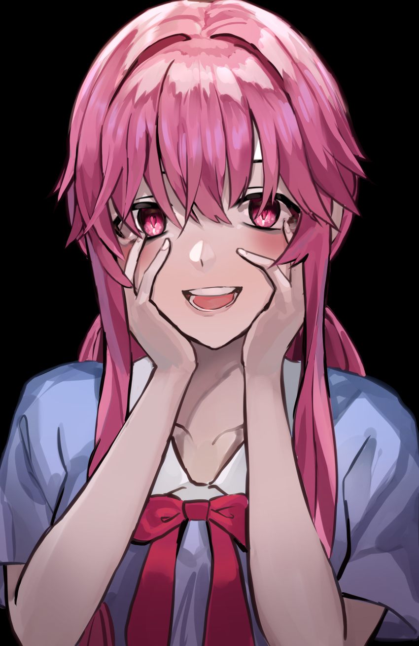 1girl absurdres black_background blush buta5813 gasai_yuno highres looking_at_viewer mirai_nikki open_mouth pink_background pink_hair red_ribbon ribbon smile upper_body yandere yandere_trance